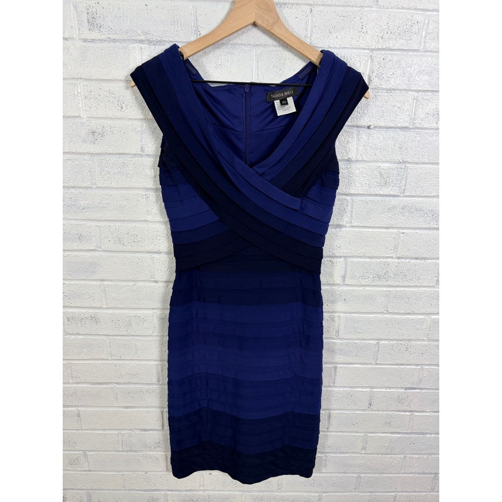 Tadashi Shoji Dress Womens XS Blue Ombre Pleated Mesh Bodycon Cocktail